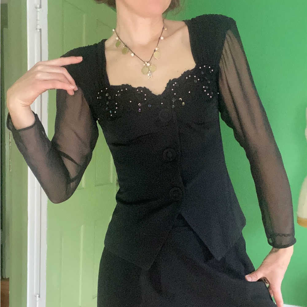 Vintage 80s BB Collections Black Sheer Black Blouse Sequin corset like